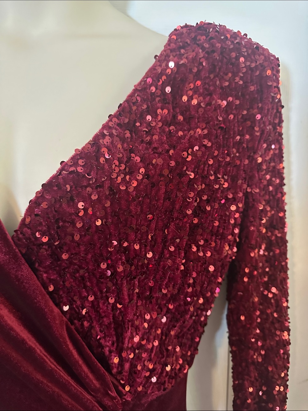 Burgundy Sequin Velvet Long-Sleeve Wrap Gown - Picture 5 of 7